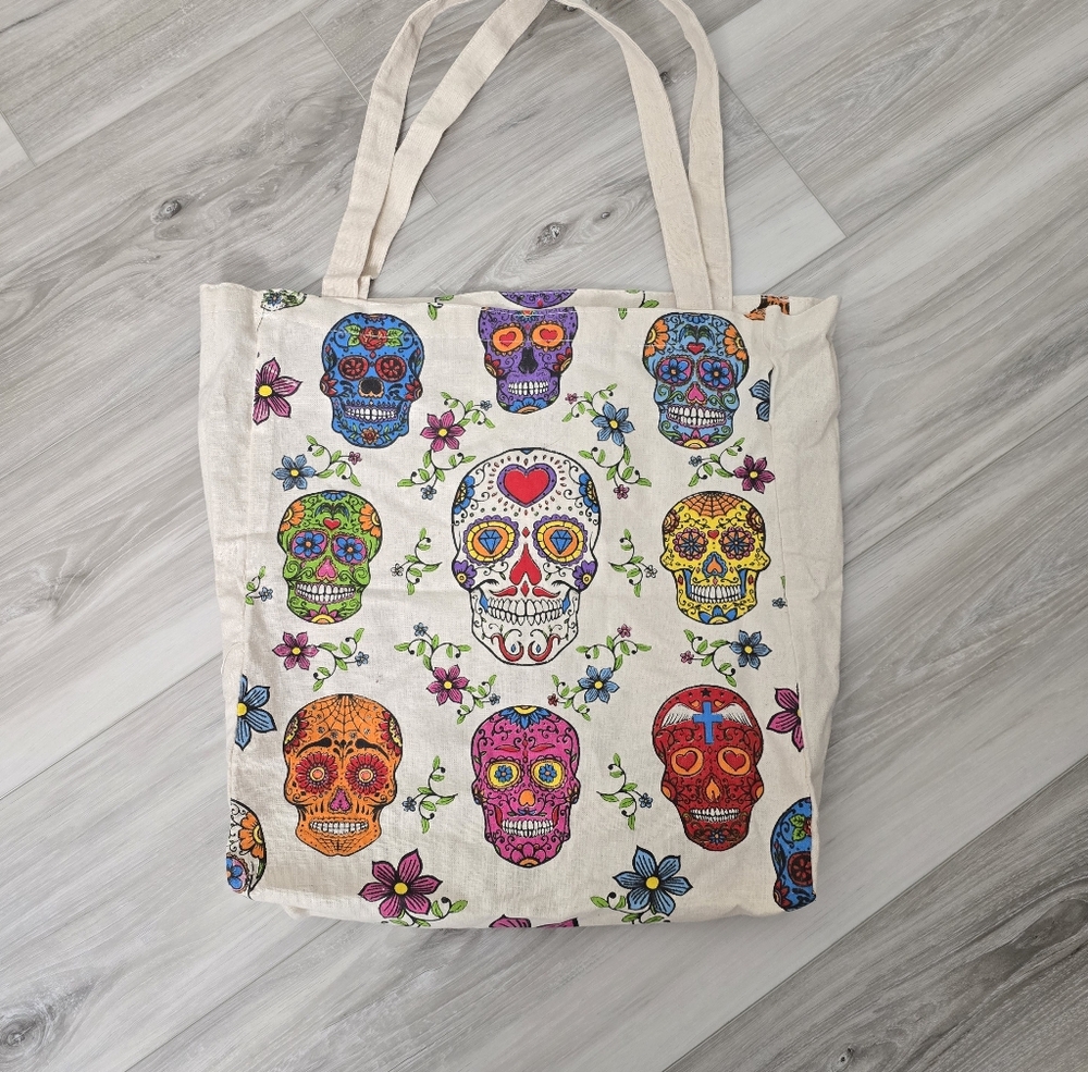 Spirit Cream Canvas Tote with Multicolor Floral Skull Accent